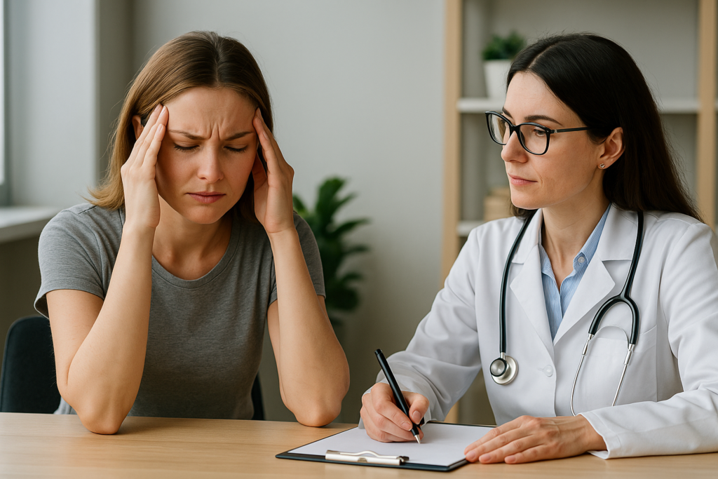 Mulher com dor de cabeça segura as têmporas durante consulta neurológica em Brasília-DF, enquanto médica com estetoscópio escuta atentamente e anota informações.