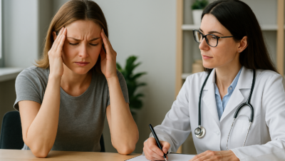 Mulher com dor de cabeça segura as têmporas durante consulta neurológica em Brasília-DF, enquanto médica com estetoscópio escuta atentamente e anota informações.