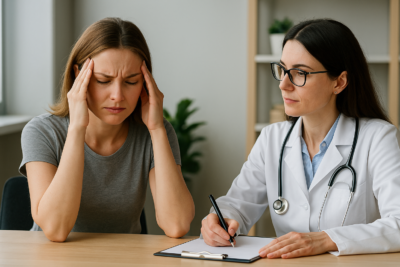 Mulher com dor de cabeça segura as têmporas durante consulta neurológica em Brasília-DF, enquanto médica com estetoscópio escuta atentamente e anota informações.