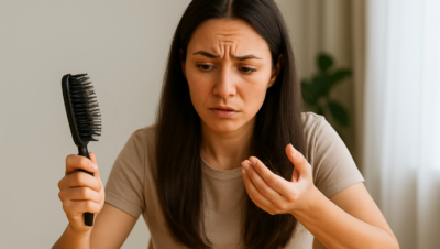 Mulher jovem com expressão preocupada observando a queda de cabelo em suas mãos e em uma escova, sentada à mesa em ambiente iluminado por luz natural.