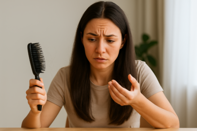 Mulher jovem com expressão preocupada observando a queda de cabelo em suas mãos e em uma escova, sentada à mesa em ambiente iluminado por luz natural.